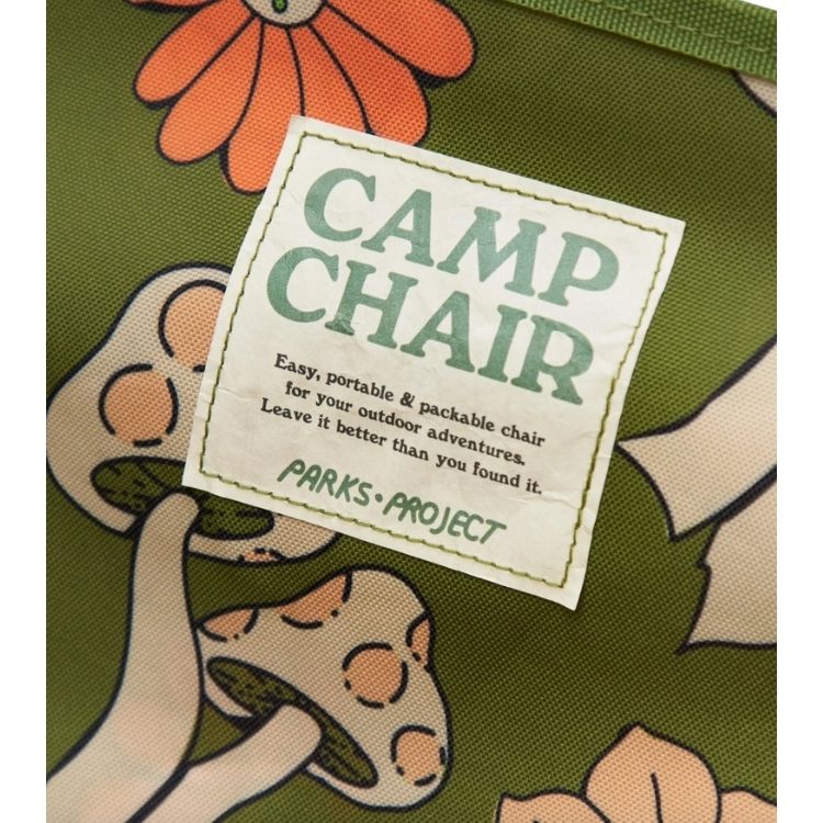 Detailed, upclose shot of the Shroom chair label, showing that this chair is ready for adventuring! 