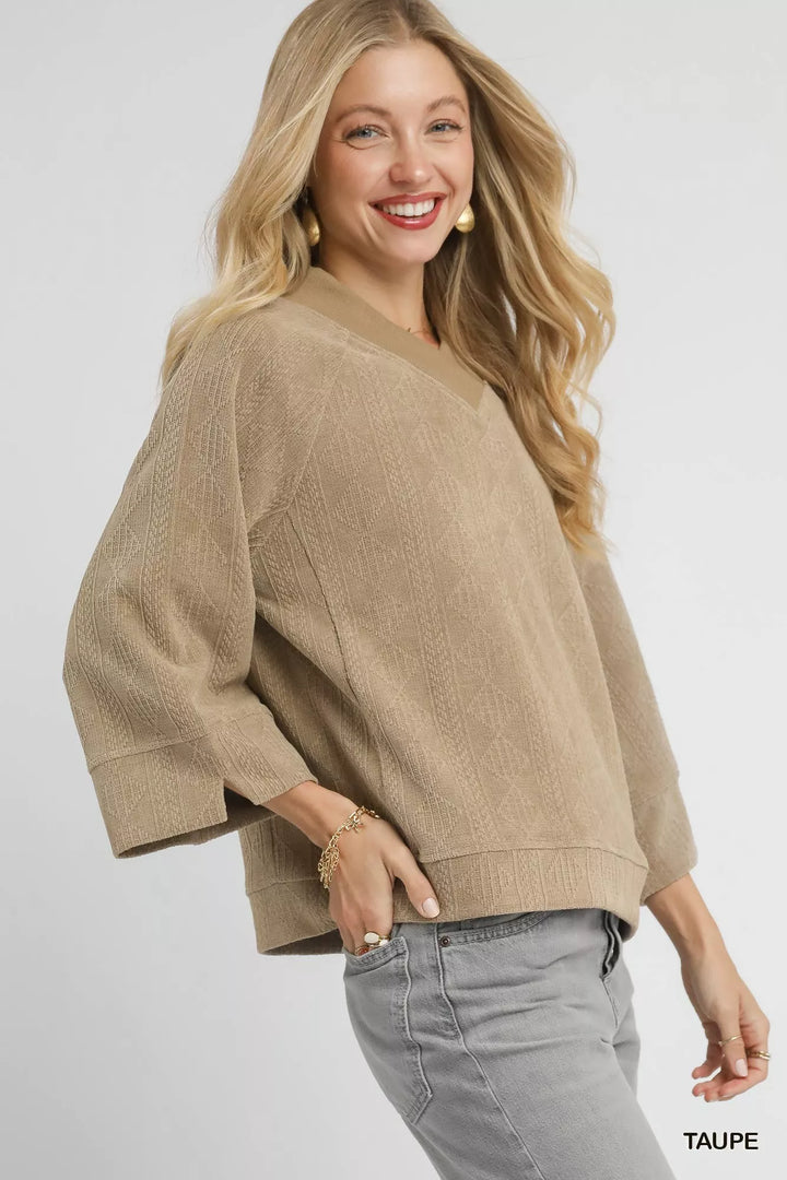 Umgee Textured Knit V-Neck Top