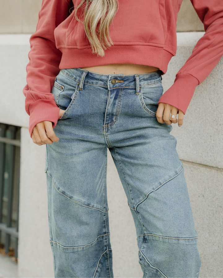 Adeline Exposed Stitching High Waist Barrel Jeans