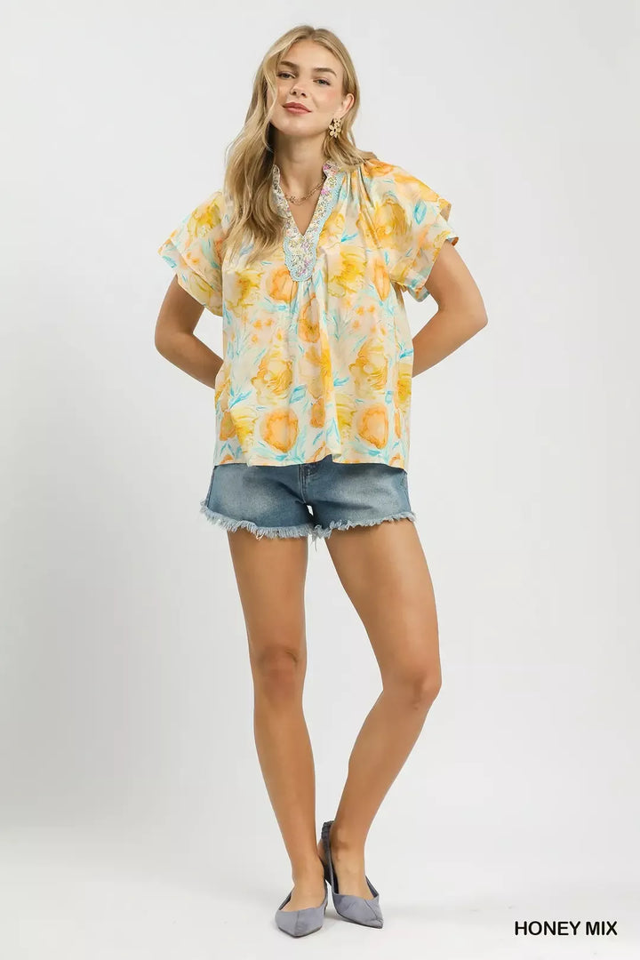Umgee Mix Floral Print Blouse with Crochet Lace Trim