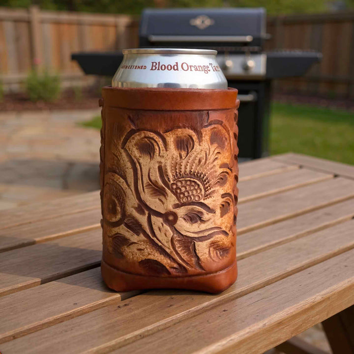 Hand tooled leather koozie with Mexican floral pattern