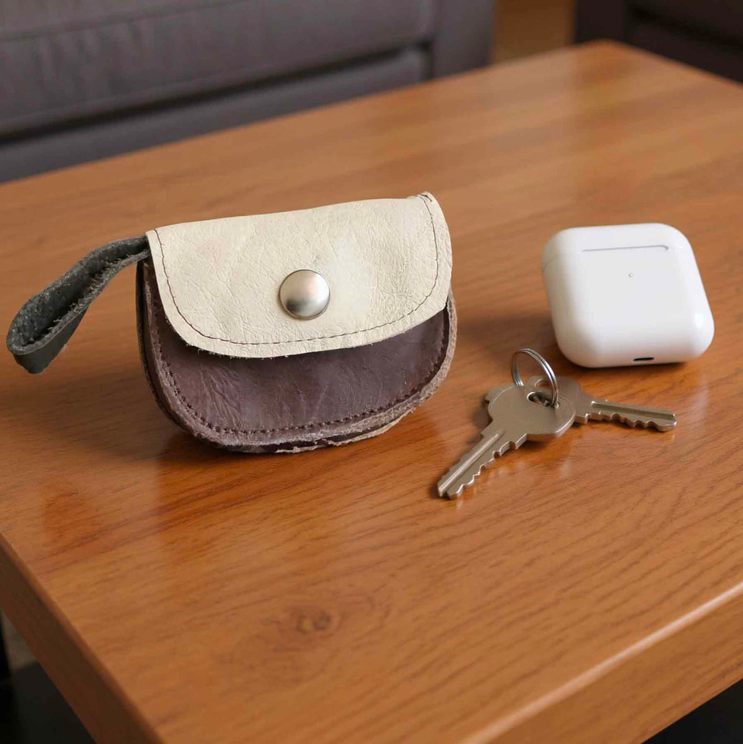 White and brown leather chapstick holder pouch