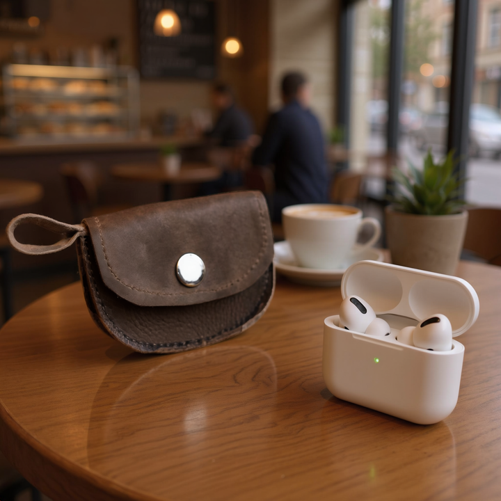 Dark brown leather AirPods case with snap closure