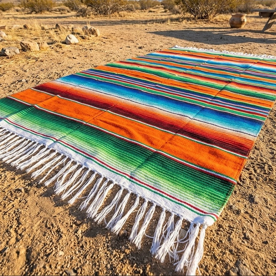 Colorful striped blanket with fringes on a sandy desert ground.