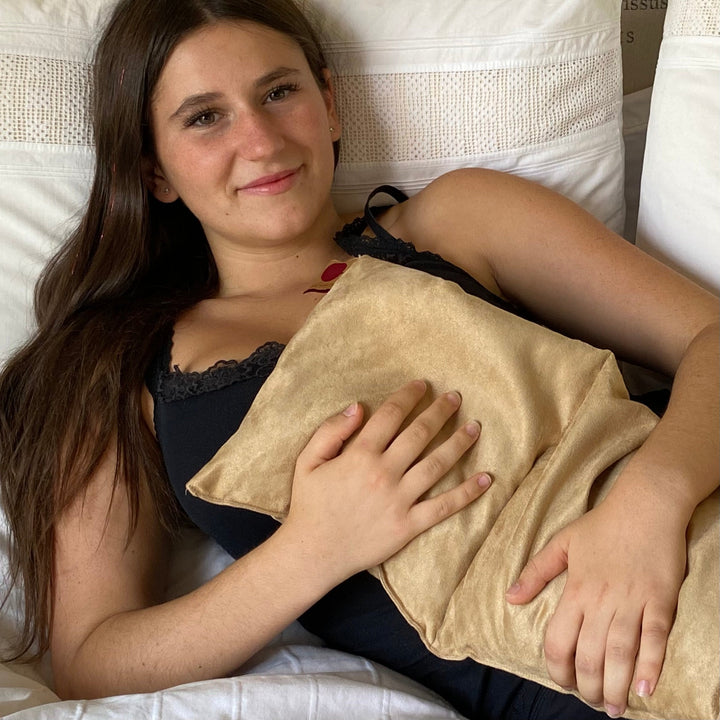 Double Square Cherry Stone Pillow in Tan Ultra-Suede