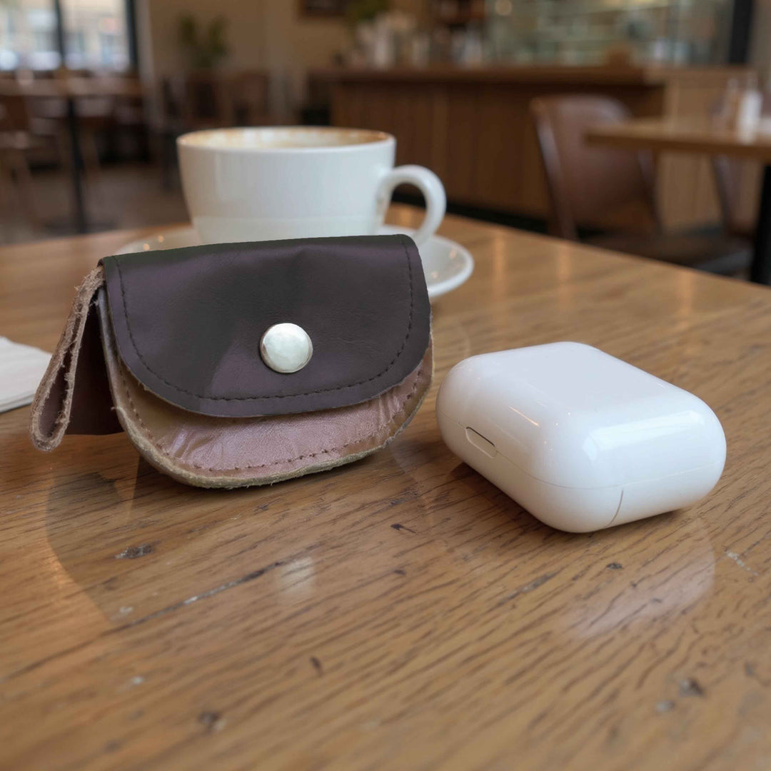 Two-tone brown mini leather pouch for earbuds