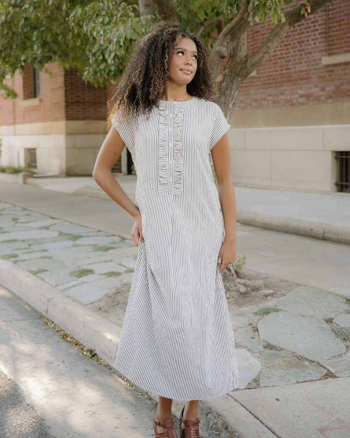 Holly Frilled Detail Half Buttons Short Sleeve Long Dress