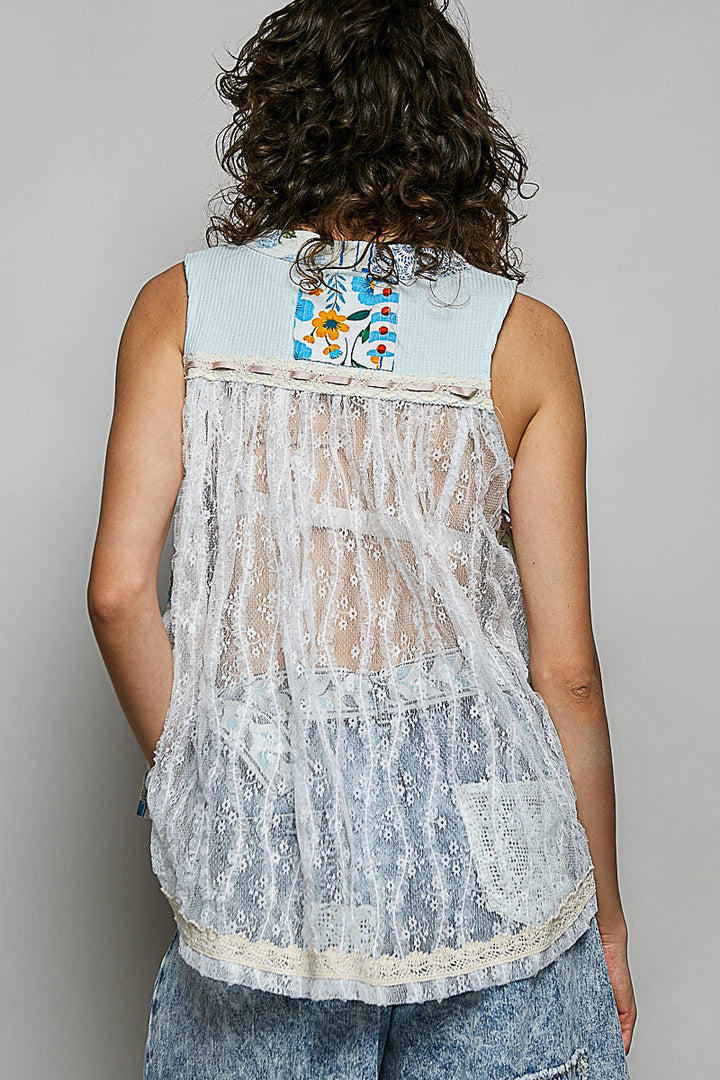 POL Floral V-Neck Sheer Tank with Lace Trim in Soda Candy