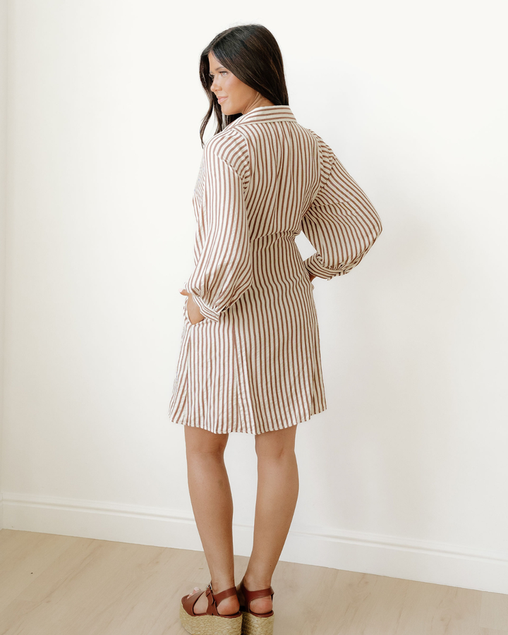 Serena Stripe Knot Waist Puff Sleeve Button Down Mini Shirt Dress