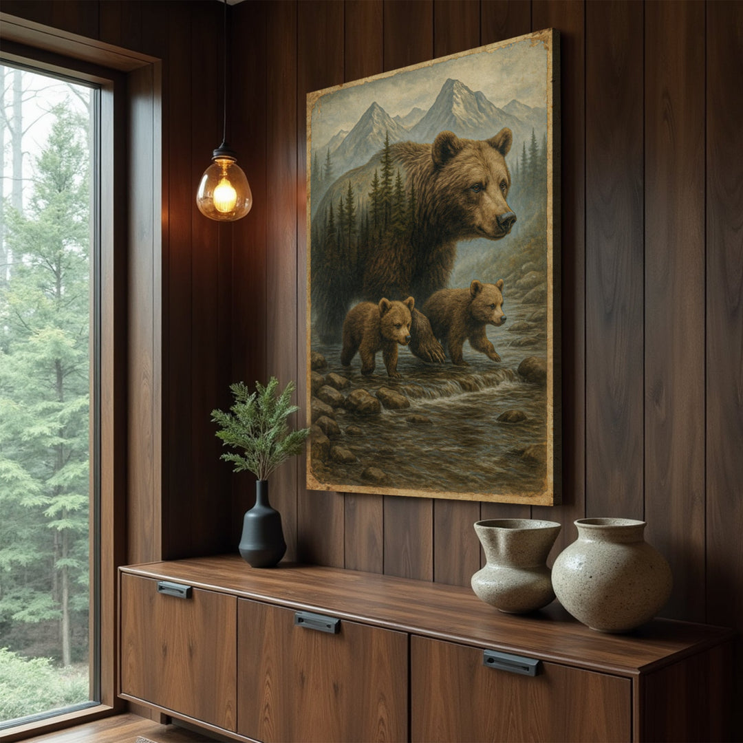 Mother Bear and Cubs Crossing Double Exposure Wall Art