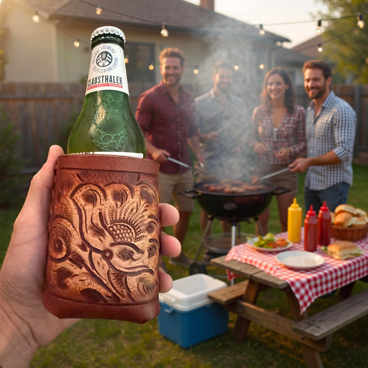 Leather bottle sleeve with western floral tooling