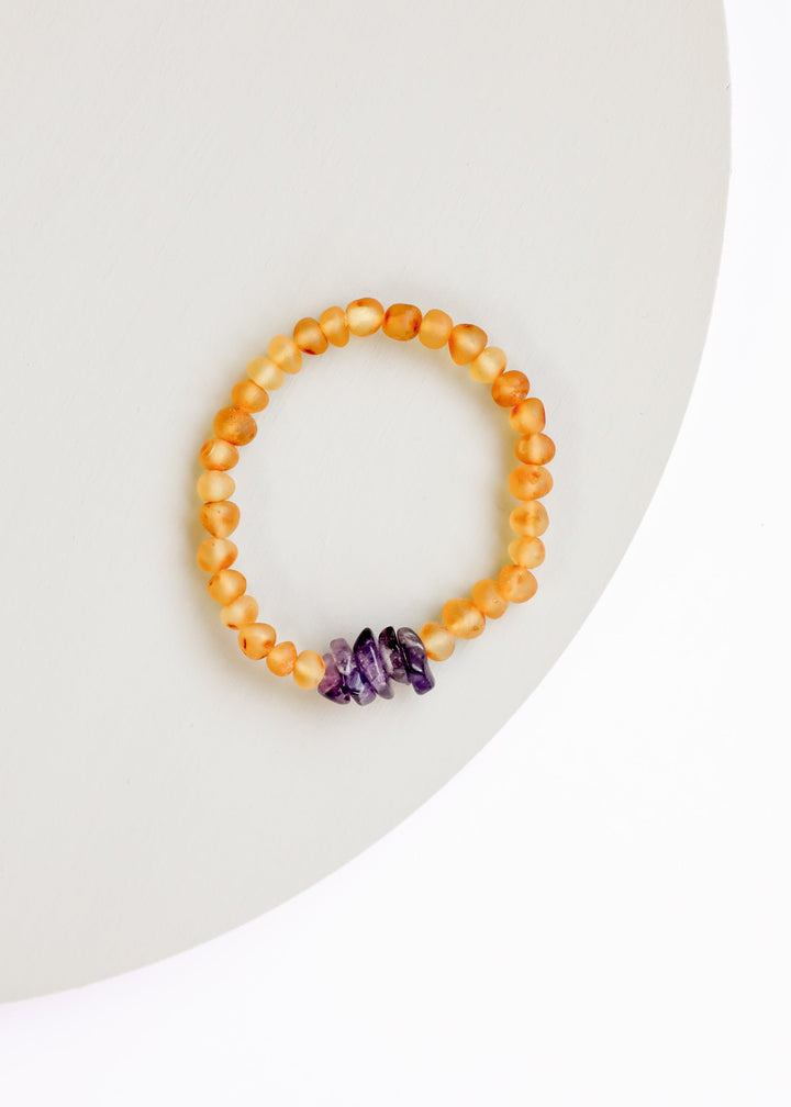 Raw Honey Baltic Amber + Raw Amethyst || Adult Bracelet