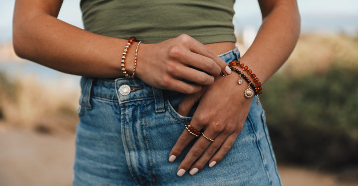 Baltic Sea Amber : 14k Gold Filled Beaded Sun + Moon || Adult Bracelets