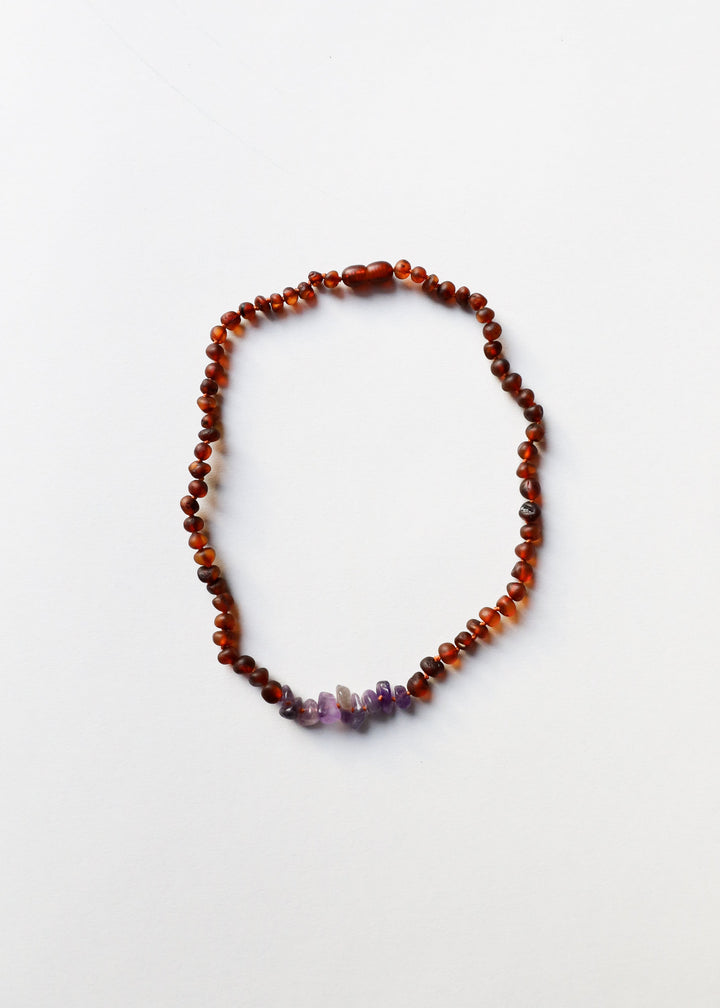 Raw Cognac Baltic Amber + Raw Amethyst || Necklace