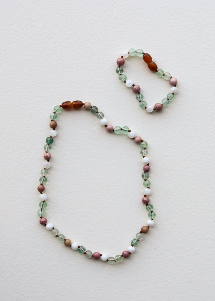 Fluorite + Moonstone + Rhodonite || Natural Gemstone Necklace
