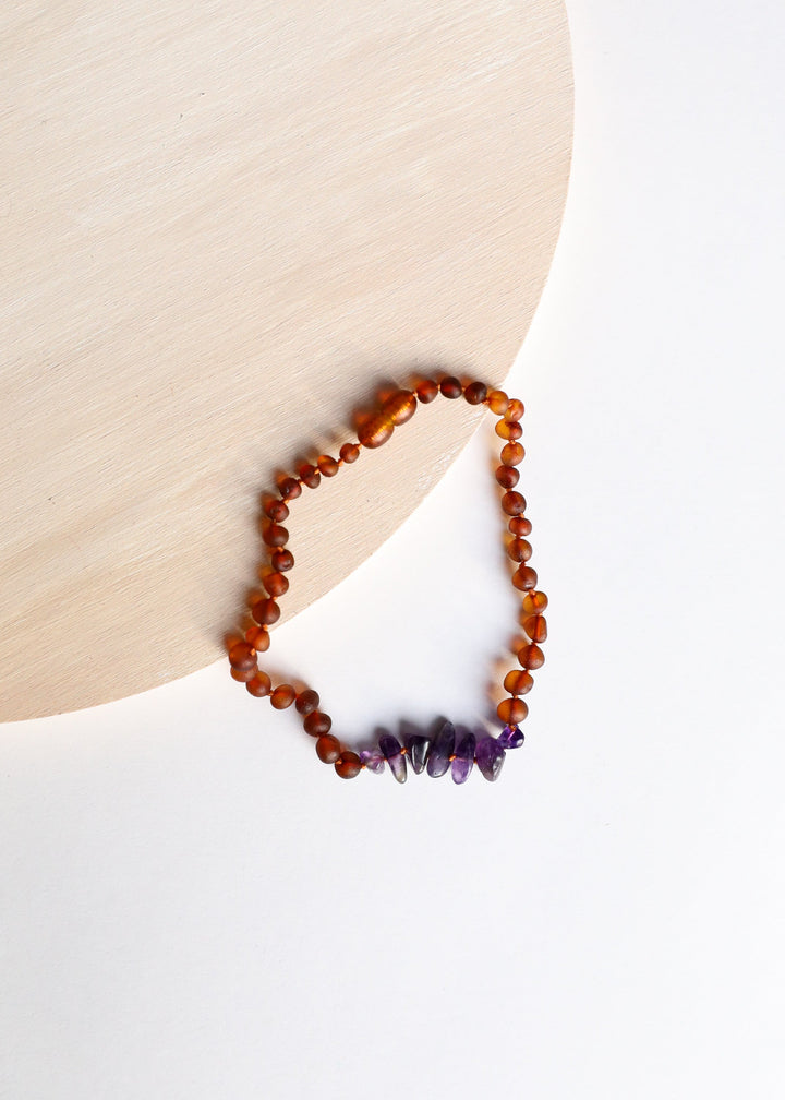 Raw Cognac Baltic Amber + Raw Amethyst || Necklace
