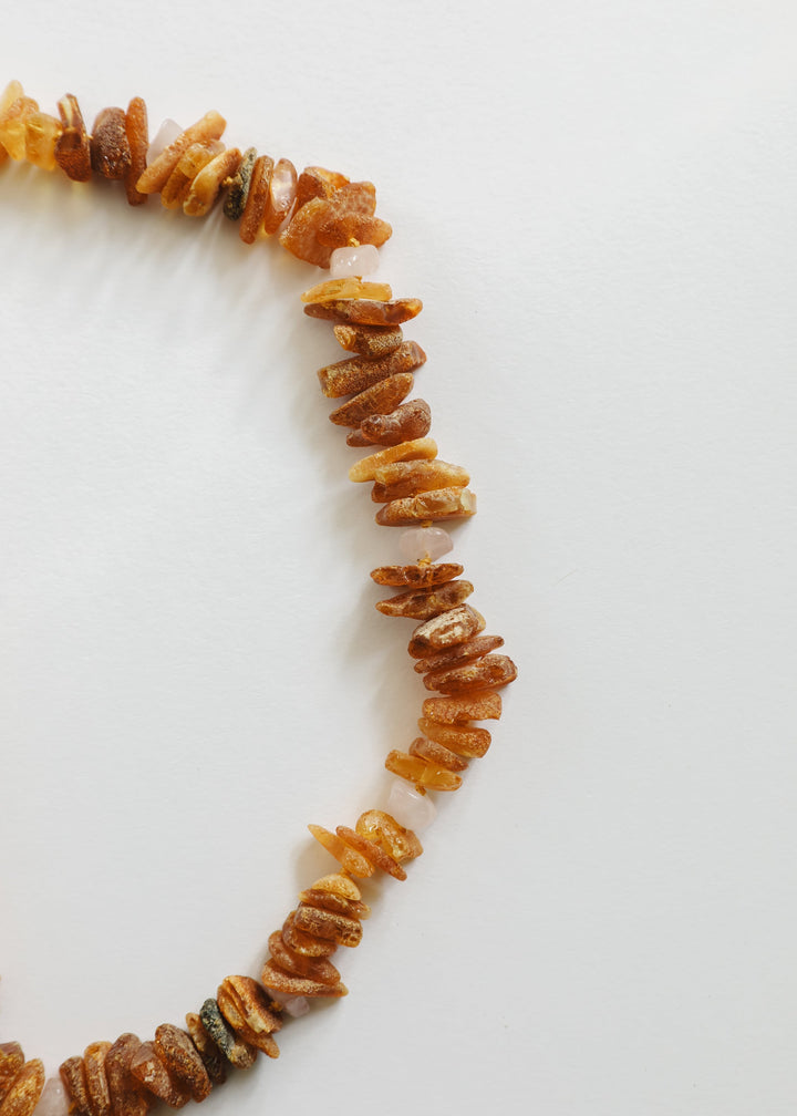 Pet Necklace: Raw Baltic Amber + Raw Rose Quartz