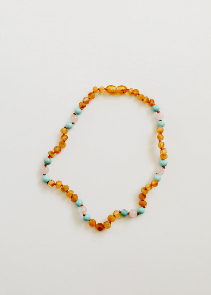 Raw Honey Baltic Amber and Natural Turquoise + Rose Quartz || Necklace