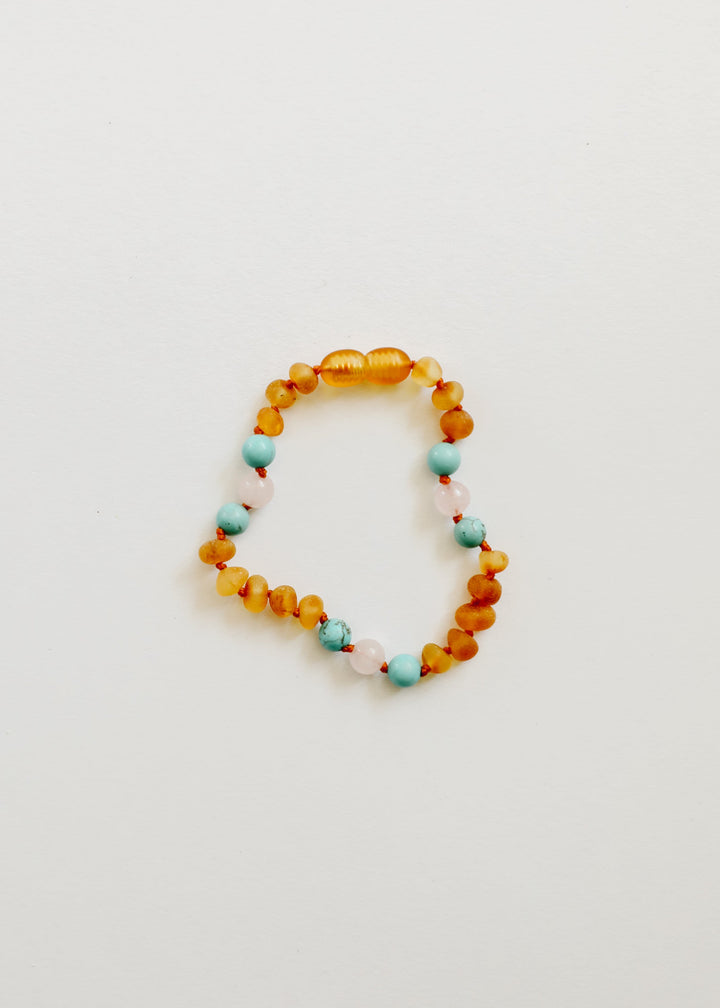 Raw Honey Baltic Amber and Natural Turquoise + Rose Quartz || Anklet or Bracelet