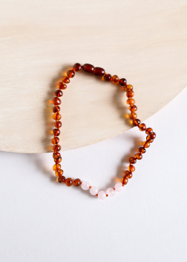 Polished Cognac Baltic Amber + Rose Quartz || Necklace
