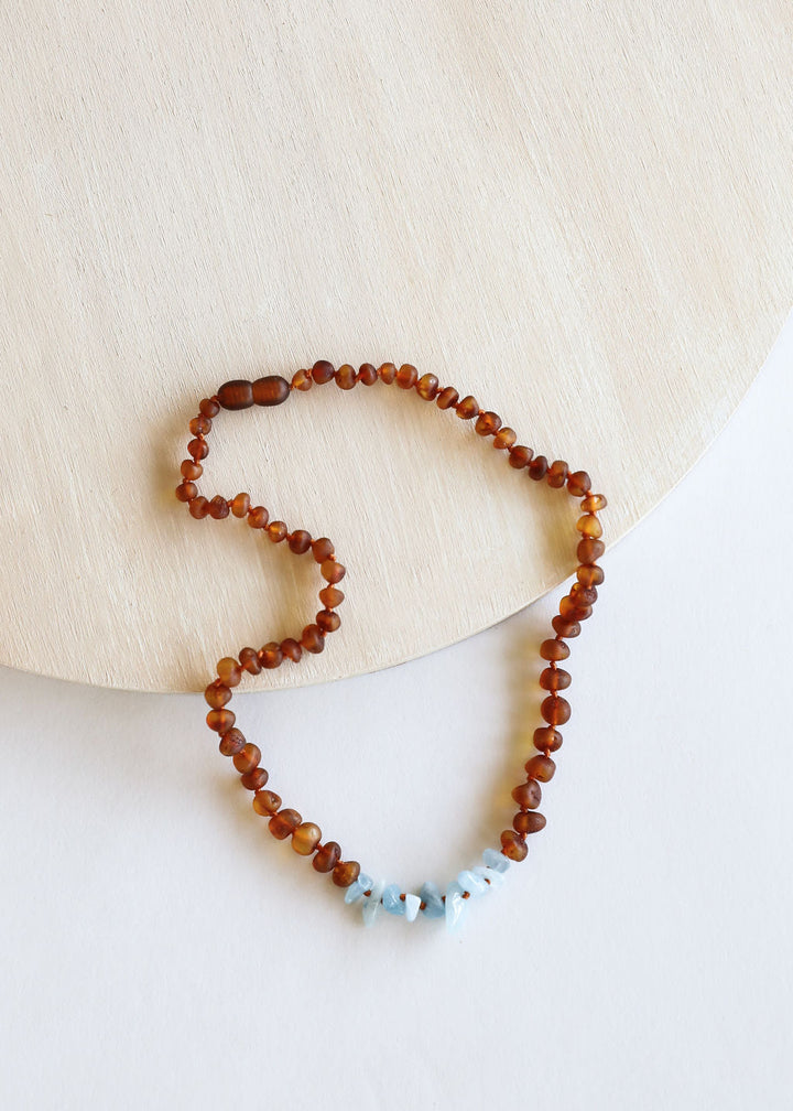 Raw Cognac Baltic Amber + Raw Aquamarine || Necklace