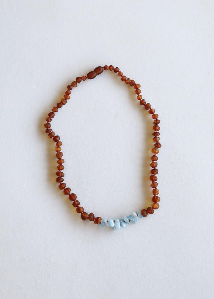 Raw Cognac Baltic Amber + Raw Aquamarine || Necklace