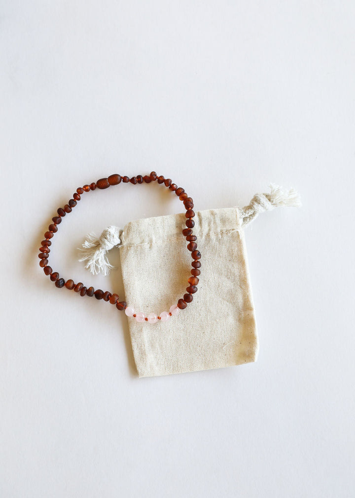 Polished Cognac Baltic Amber + Rose Quartz || Necklace