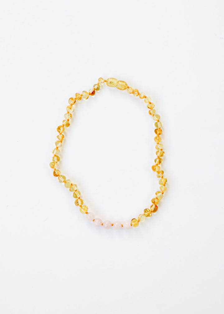 Polished Honey Baltic Amber + Rose Quartz || Necklace