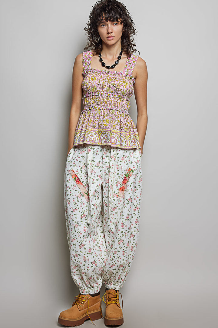 POL Smocked Printed Square Neck Peplum Tank with Ruffle Trim