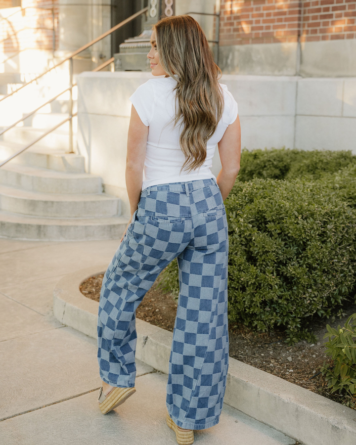 Naomi Checkered Denim Wide Leg Jeans