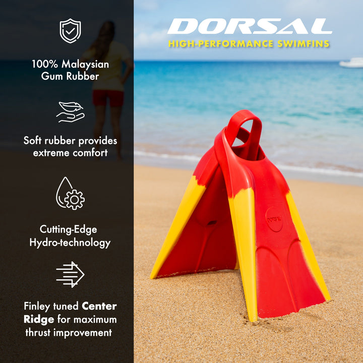 DORSAL Lifeguard Floating Bodyboard & Bodysurfing Swim Fins - Red/Yellow