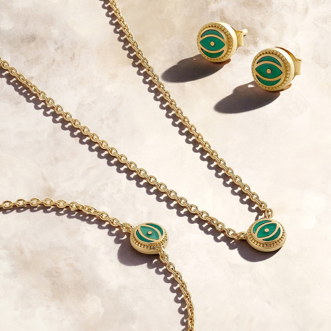 Verdant Guardian Emerald Agate May Birthstone Evil Eye Gold Necklace