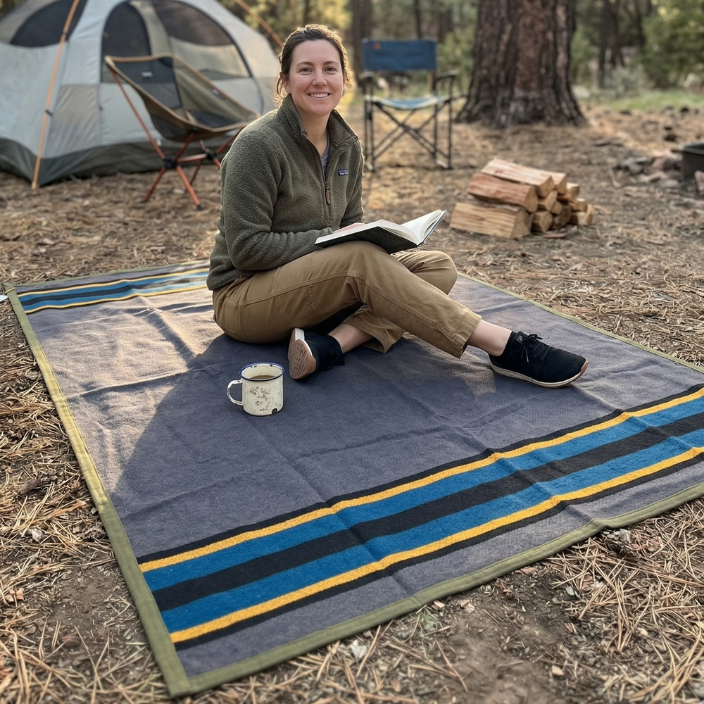 Person sitting on a camping mat with a tent and trees in the background