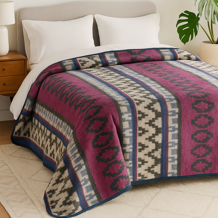 Patterned blanket draped over a bed in a bedroom setting