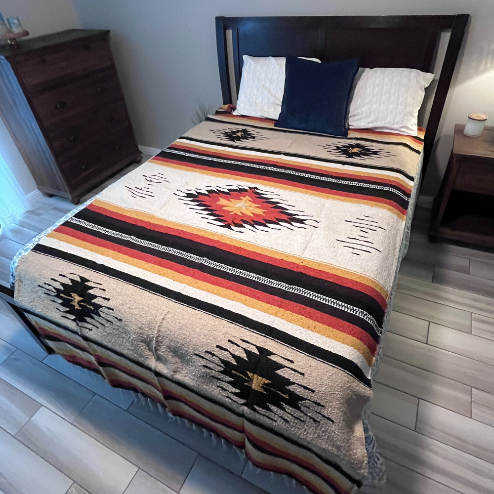 Aztec Mexican Blanket - Southwest White & Tan