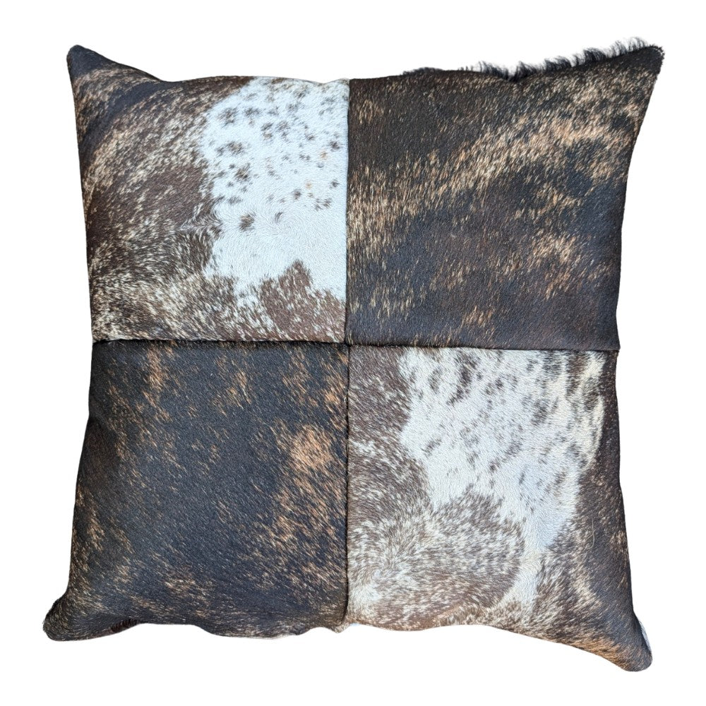 Rustic Cowhide Patchwork Pillow – Natural Hair-on-Hide, Double-Sided 16×16