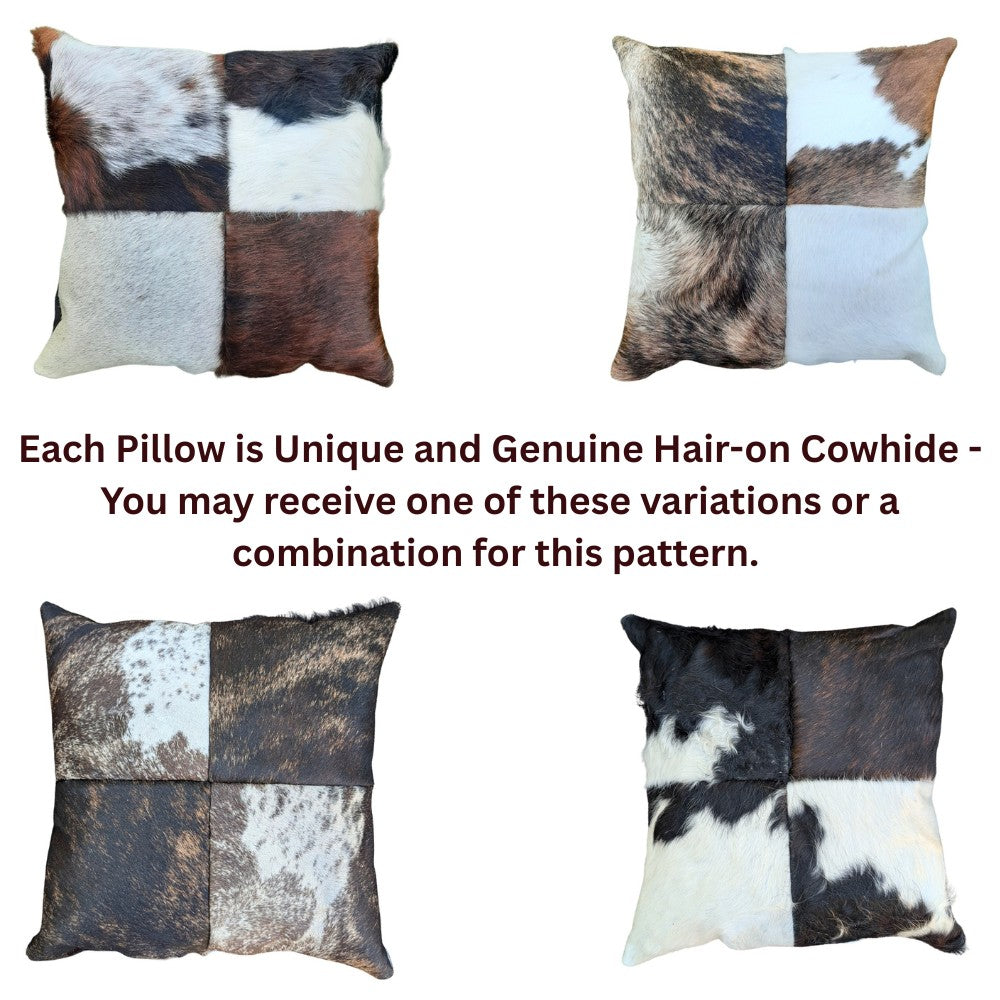 Rustic Cowhide Patchwork Pillow – Natural Hair-on-Hide, Double-Sided 16×16