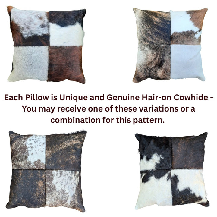 Rustic Cowhide Patchwork Pillow – Natural Hair-on-Hide, Double-Sided 16×16