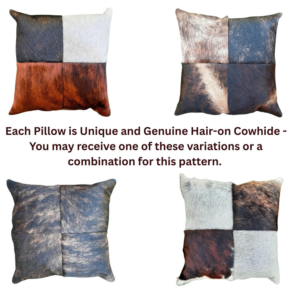 Rustic Cowhide Patchwork Pillow – Natural Hair-on-Hide, Double-Sided 16×16