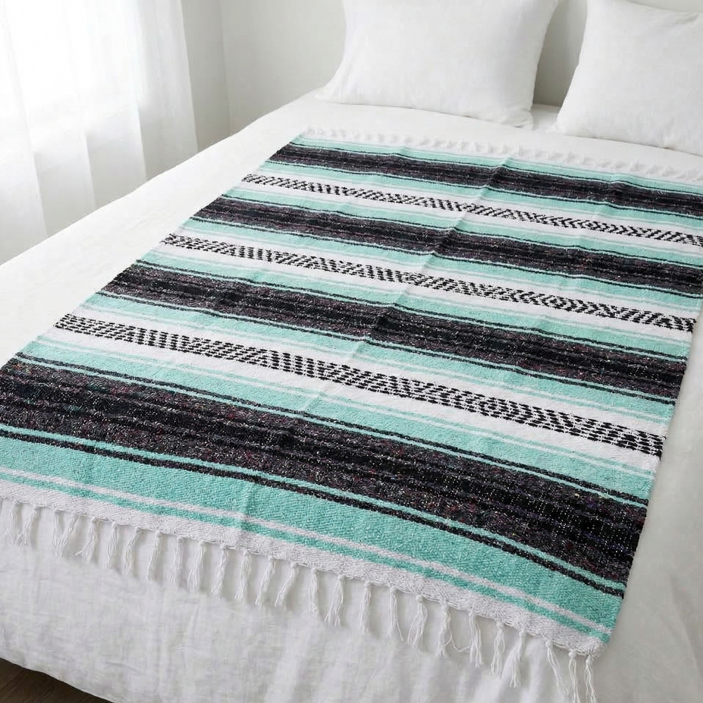 Striped blanket with turquoise and black stripes on a white surface