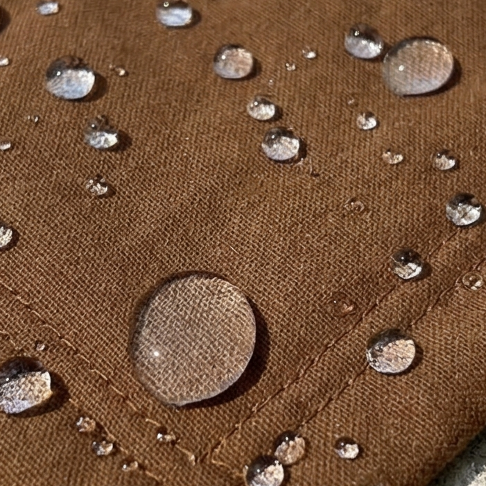 Brown fabric with water droplets on a concrete surface and blue plaid fabric in the background