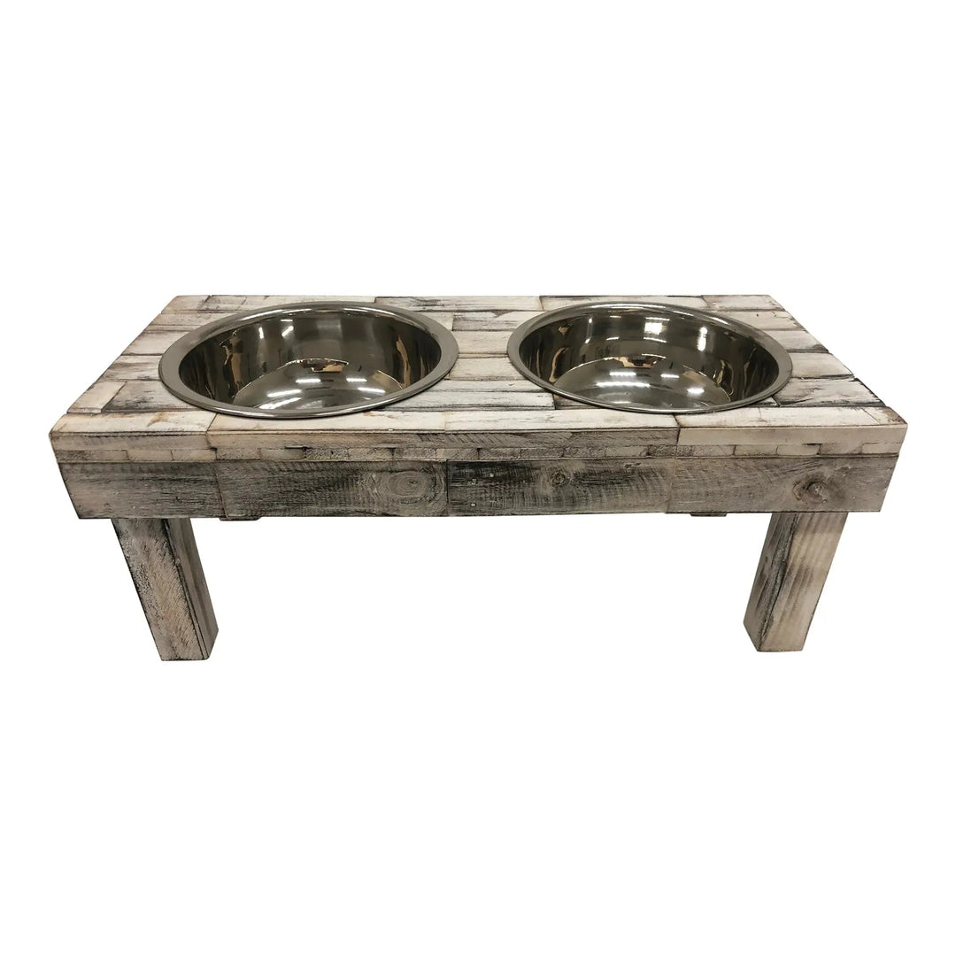 Huntley Pet Berjen Table Elevated Double Bowl Pet Feeder, White Wash