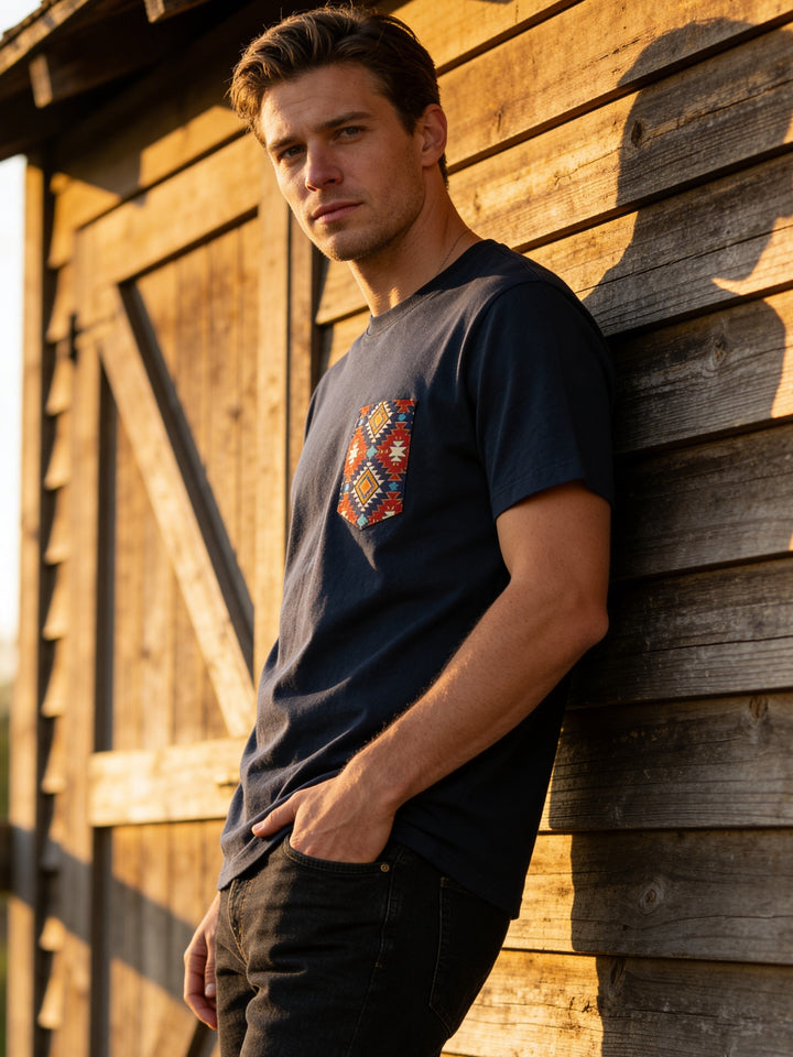 - Navy with Southwest Print - Pocket T-shirt - Made in USA