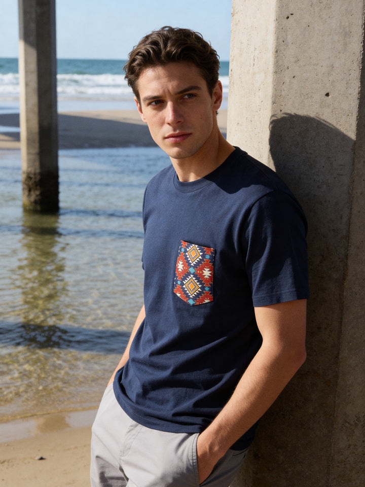- Navy with Southwest Print - Pocket T-shirt - Made in USA