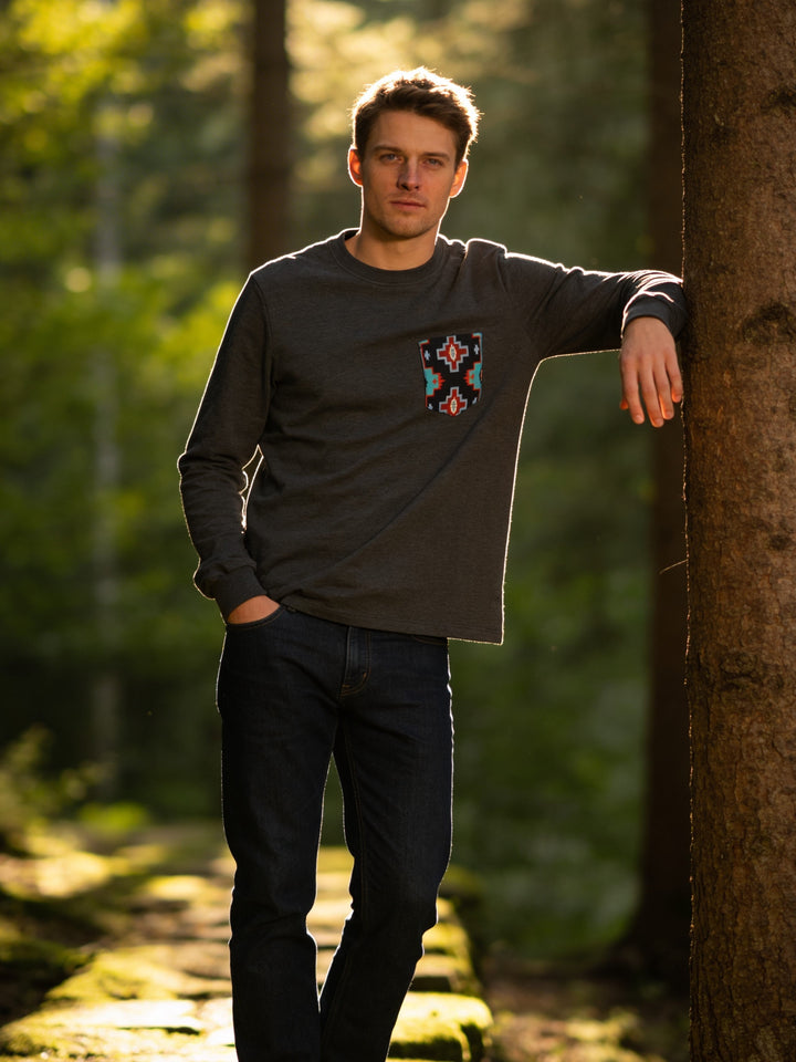 Gray Heather with Southwest Print - Long Sleeve - Pocket T-shirt - Made in USA