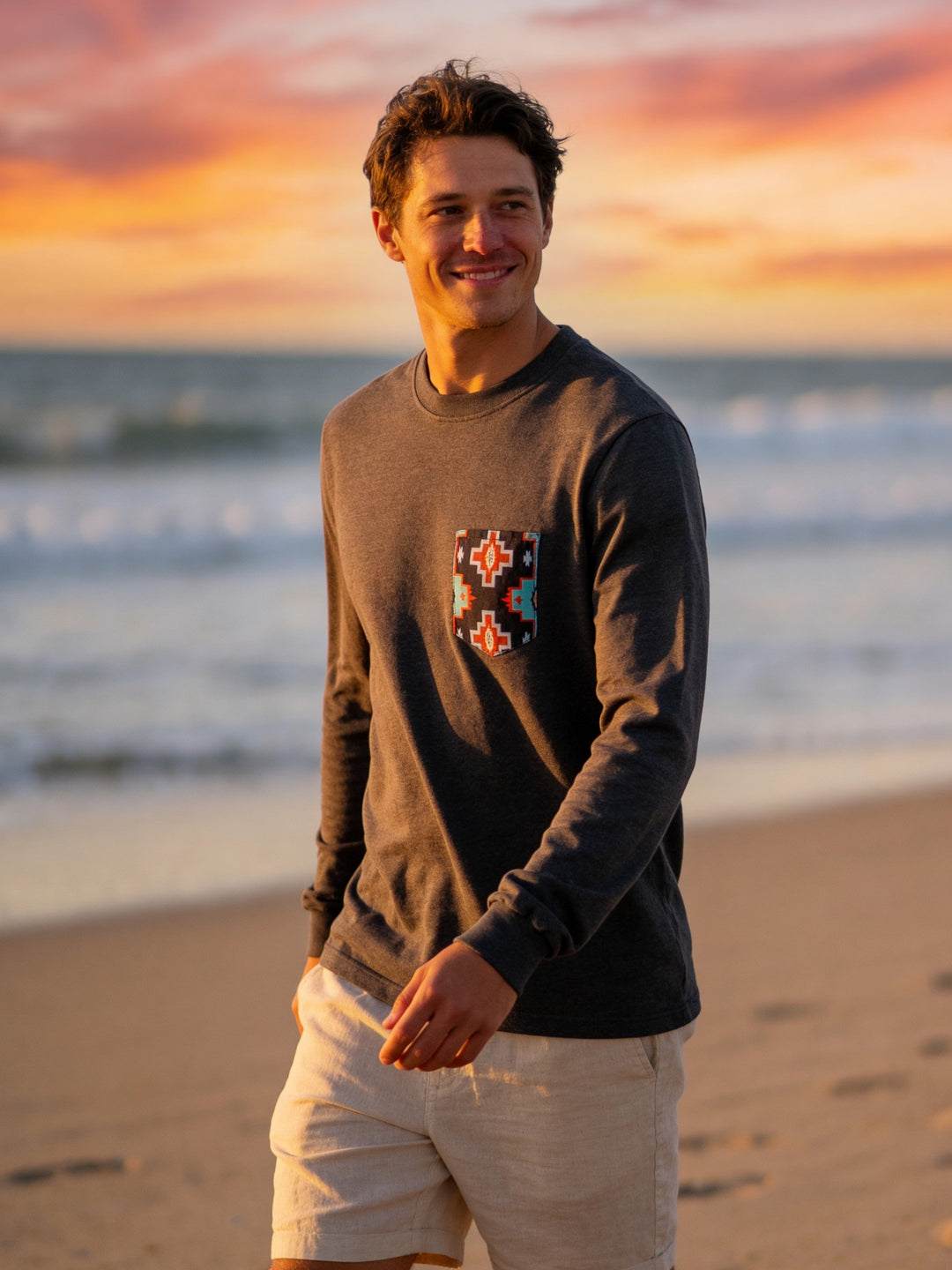 Gray Heather with Southwest Print - Long Sleeve - Pocket T-shirt - Made in USA