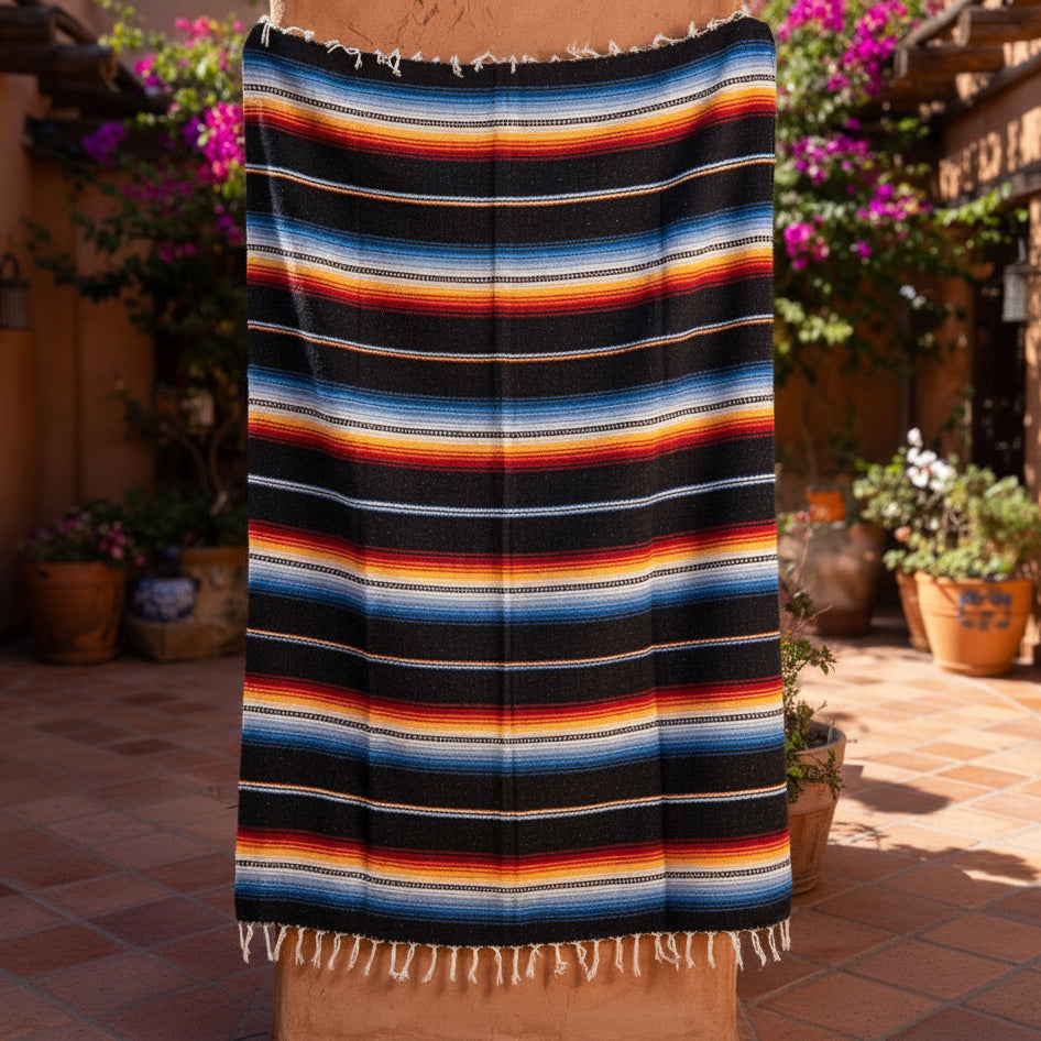 Colorful striped blanket draped over a柱子 in an outdoor setting with cactus and flowers.