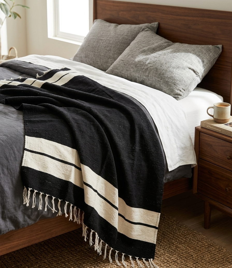 Bedroom with a wooden bed, gray pillows, and a black and white striped blanket.