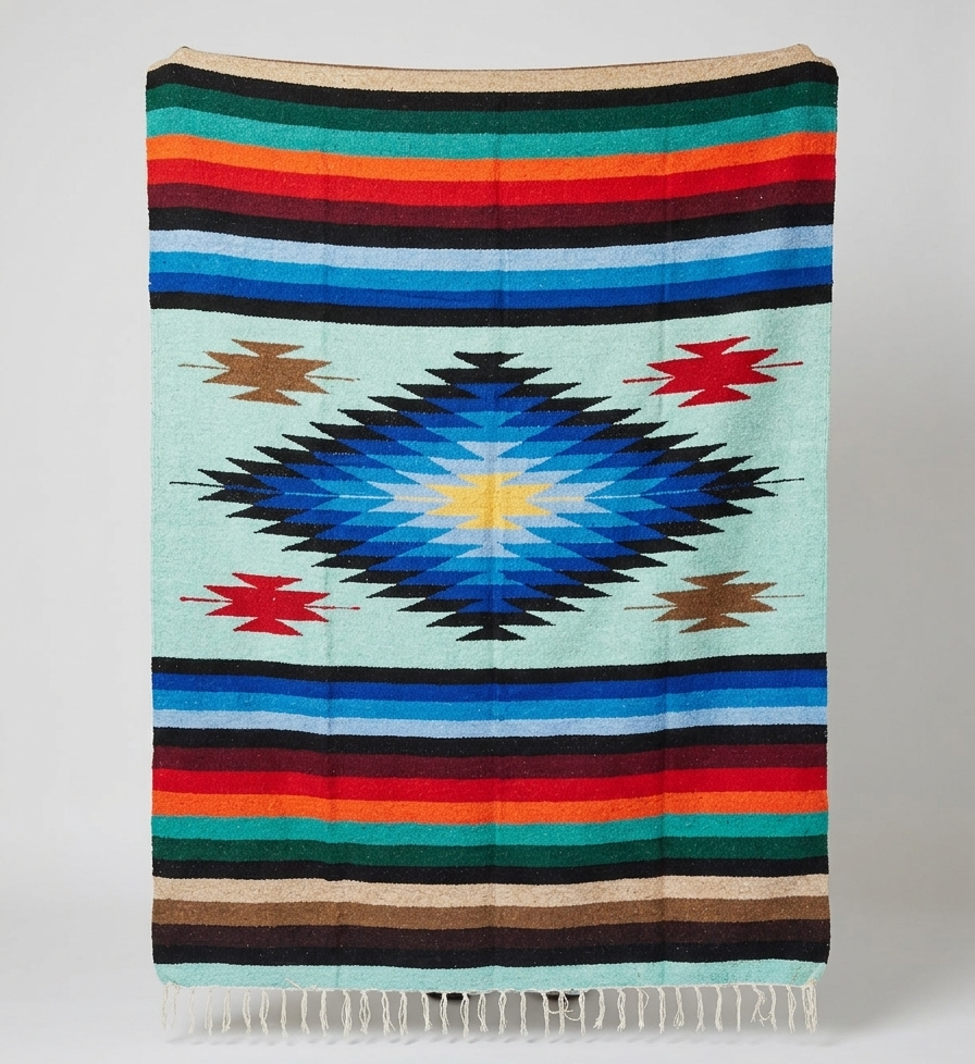 Colorful patterned blanket with geometric design on a light gray background