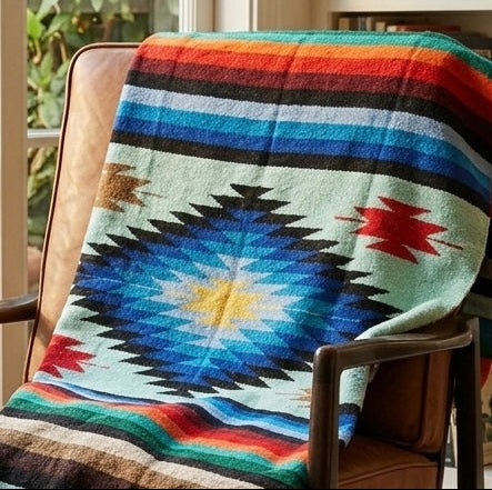 Colorful patterned blanket draped over a chair with a blurred indoor background